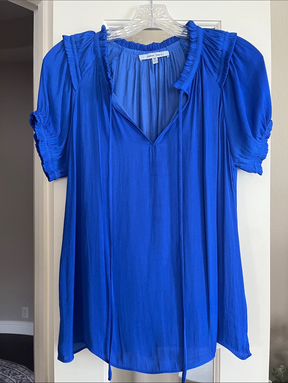 Naked Zebra Top, Medium, Royal Blue, Short Sleeve, Ruffle Neck/Sleeve, Tassels